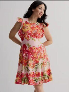 NWT Ali Ro Floral Jewel Neck Ruffle Sleeve Fit & Flare Dress Stretch Plus 18